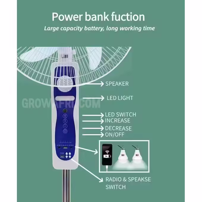 Mostec 18-Inch Rechargeable Standing Fan With Bluetooth Speaker And 35w Solar Panel & Inbuilt 30,000mAH Lithium Battery
