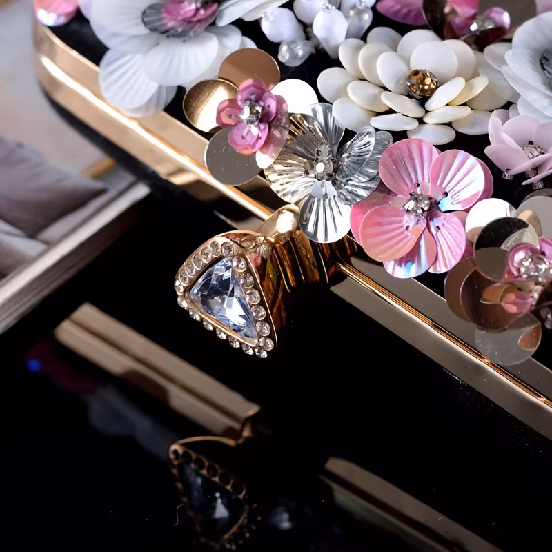 Handmade Sweet Floral Clutch Royal Evening Bag with Sequins and Adjustable Strap