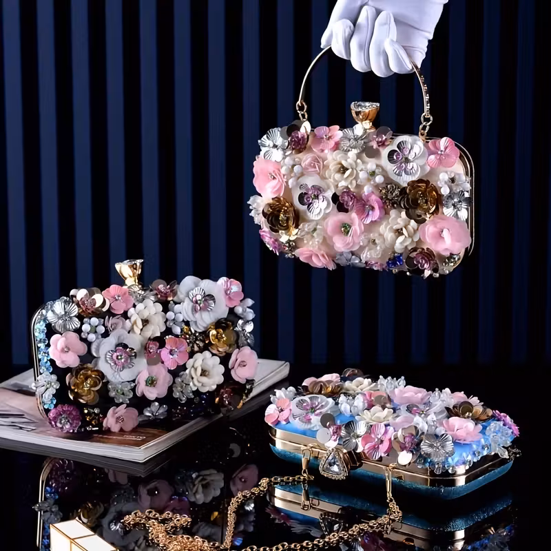 Handmade Sweet Floral Clutch Royal Evening Bag with Sequins and Adjustable Strap