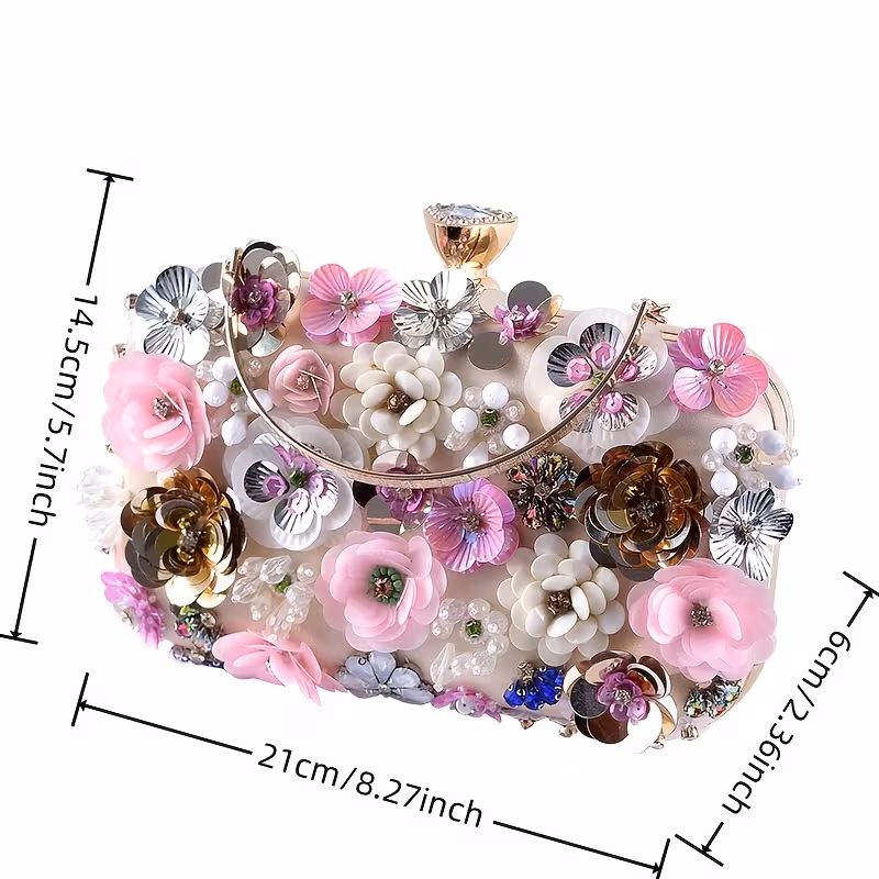 Handmade Sweet Floral Clutch Royal Evening Bag with Sequins and Adjustable Strap