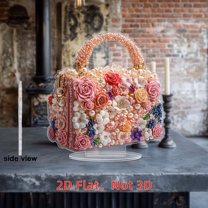 1pc 2D Acrylic Flat Handbag Decor with Roses and Pearls