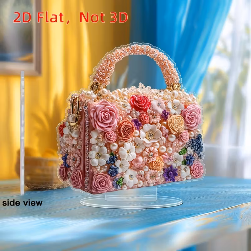 1pc 2D Acrylic Flat Handbag Decor with Roses and Pearls