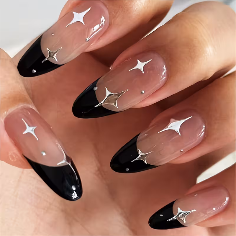 24pcs Teardrop Black French Silvery Star Artificial Nails