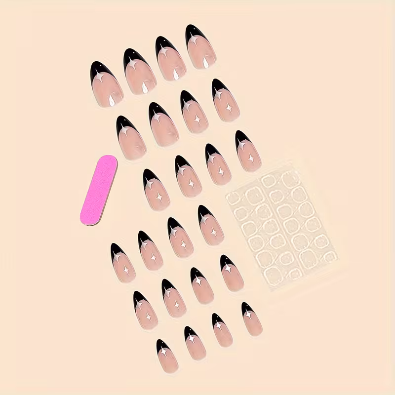 24pcs Teardrop Black French Silvery Star Artificial Nails