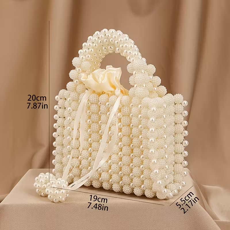 Elegant Handmade Imitation Pearl Beaded Evening Clutch with Rose Handle