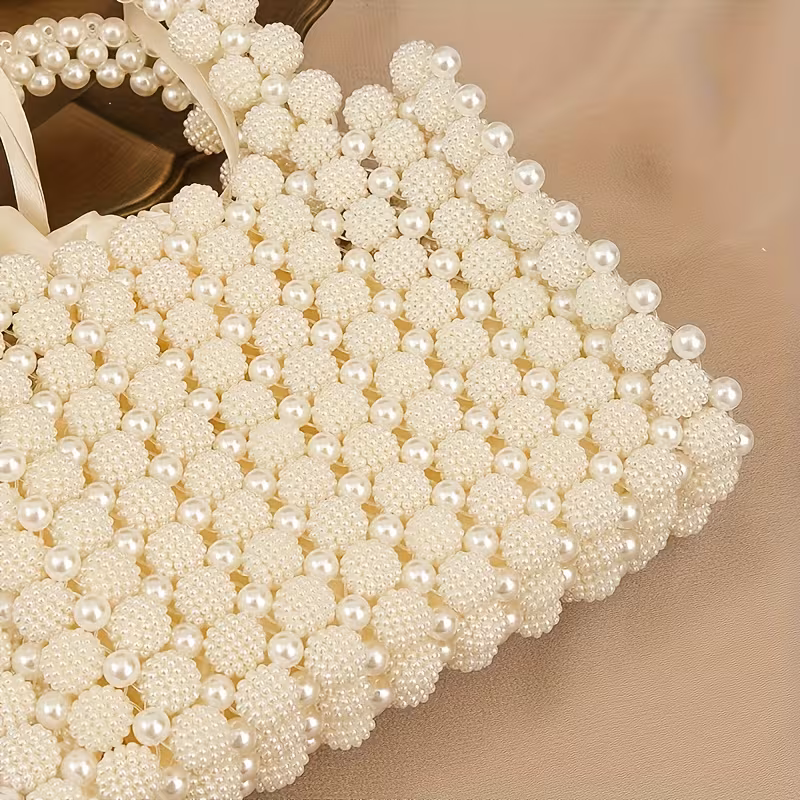 Elegant Handmade Imitation Pearl Beaded Evening Clutch with Rose Handle