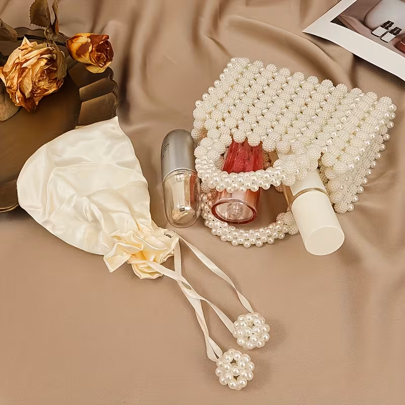 Elegant Handmade Imitation Pearl Beaded Evening Clutch with Rose Handle