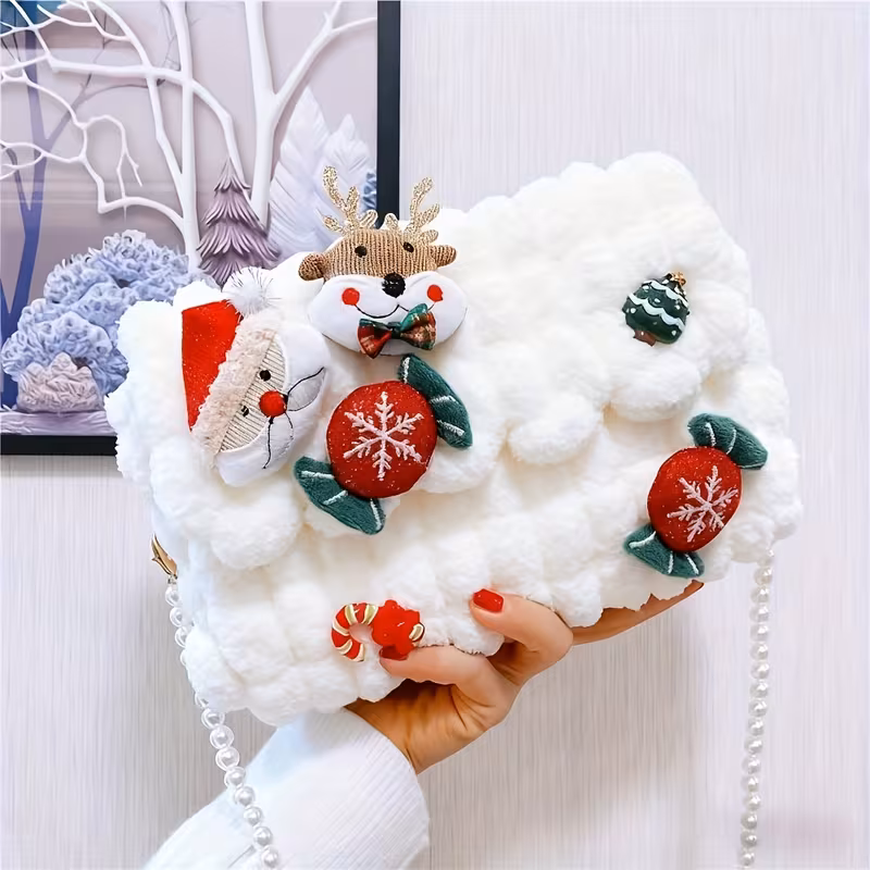 Women's Christmas Plush Crossbody with Snowflake & Reindeer Charm