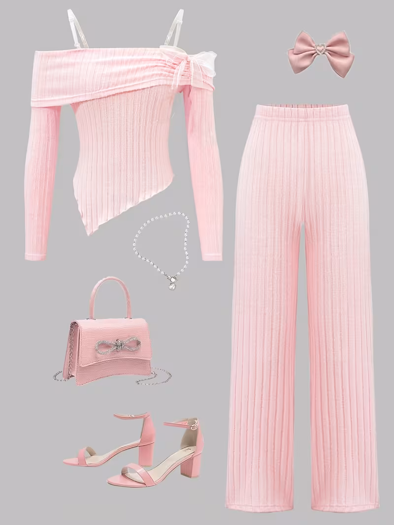 Girls'  Set Off the Shoulder Bow Tie Long Sleeve Top and Straight Leg 